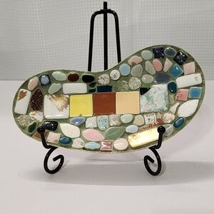 MCM Mosaic Kidney Bean Trinket Dish Tile Art Gold Back Ashtray Style Vintage